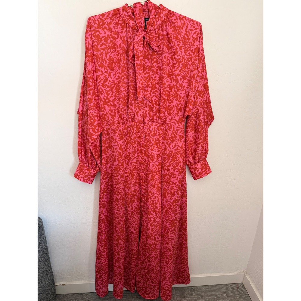INC International Concepts Pink Red Floral Tie Neck Maxi Romantic Dress Size M